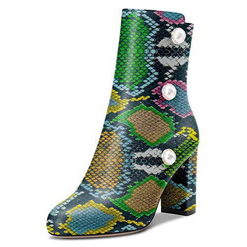 NobleOnly Damen Hoher High Absatz Heel Geschlossene Runde Zehenkappe Stiefeletten Slip-on Reißverschluss Dress Party Büroschuhe 8.5 CM Heels Stiefel Grün Schlange 39 EU von NobleOnly