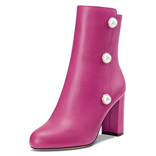 NobleOnly Damen Hoher High Absatz Heel Geschlossene Runde Zehenkappe Stiefeletten Slip-on Reißverschluss Dress Party Büroschuhe 8.5 CM Heels Stiefel Rosa 40 EU von NobleOnly