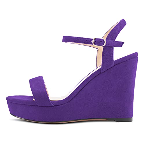 NobleOnly Damen Hoher High Absatz Heel Keilabsatz Plateau Plattform Knöchelriemen Sandalen Slingback Peep Open Zehenkappe Sexy Cute Party 10 CM Violett Wildleder 37 EU von NobleOnly
