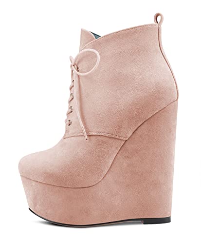 NobleOnly Damen Hoher High Absatz Heel Keilabsatz Plateau Plattform Runde Zehenkappe Stiefeletten Schnüren Schnürung Reißverschluss Dress Klassisch 16 CM Heels Beige Wildleder 40 EU von NobleOnly