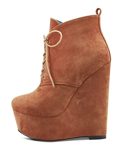 NobleOnly Damen Hoher High Absatz Heel Keilabsatz Plateau Plattform Runde Zehenkappe Stiefeletten Schnüren Schnürung Reißverschluss Dress Klassisch 16 CM Heels Braun Wildleder 41 EU von NobleOnly