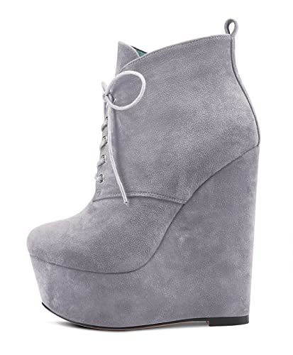 NobleOnly Damen Hoher High Absatz Heel Keilabsatz Plateau Plattform Runde Zehenkappe Stiefeletten Schnüren Schnürung Reißverschluss Dress Klassisch 16 CM Heels Grau Wildleder 41 EU von NobleOnly