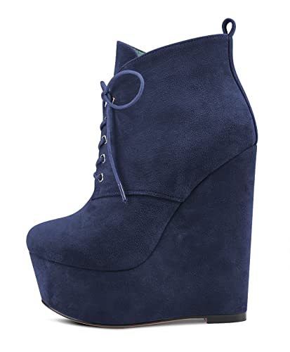NobleOnly Damen Hoher High Absatz Heel Keilabsatz Plateau Plattform Runde Zehenkappe Stiefeletten Schnüren Schnürung Reißverschluss Dress Klassisch 16 CM Heels Navy Blau Wildleder 42 EU von NobleOnly