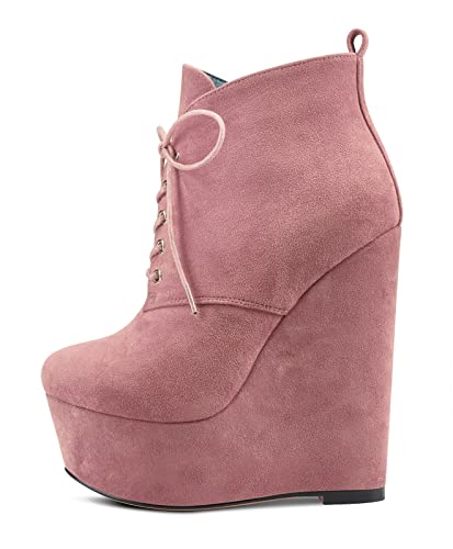 NobleOnly Damen Hoher High Absatz Heel Keilabsatz Plateau Plattform Runde Zehenkappe Stiefeletten Schnüren Schnürung Reißverschluss Dress Klassisch 16 CM Heels Rosa Wildleder 45 EU von NobleOnly