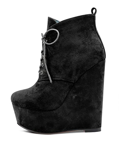 NobleOnly Damen Hoher High Absatz Heel Keilabsatz Plateau Plattform Runde Zehenkappe Stiefeletten Schnüren Schnürung Reißverschluss Dress Klassisch 16 CM Heels Schwarz Wildleder 40 EU von NobleOnly