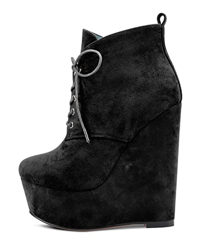 NobleOnly Damen Hoher High Absatz Heel Keilabsatz Plateau Plattform Runde Zehenkappe Stiefeletten Schnüren Schnürung Reißverschluss Dress Klassisch 16 CM Heels Schwarz Wildleder 45 EU von NobleOnly