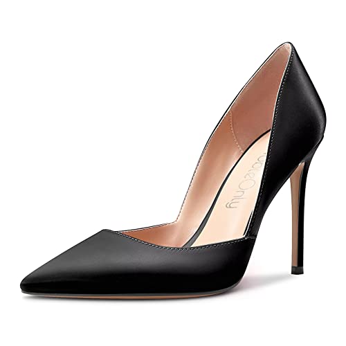 NobleOnly Damen Hoher High Absatz Heel Stiletto Spitze Zehenkappe Slip-on Pumps Dress Hochzeit Party 10 cm Heels Schwarz Satin 41 EU von NobleOnly
