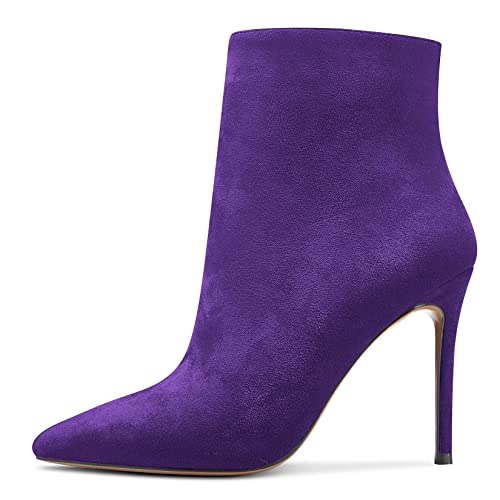 NobleOnly Damen Hoher High Absatz Heel Stiletto Spitze Zehenkappe Stiefeletten Slip-on Reißverschluss Party Büroschuhe Hochzeit Sexy 10 CM Heels Stiefel Violett 40 EU von NobleOnly