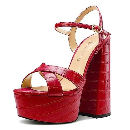 NobleOnly Damen Hoher High Blockabsatz Absatz Heel Plateau Plattform Open Zehenkappe Kreuzriemen Sandalen Schnalle Abschlussball Schuhe 15 CM Heels Rot 45 EU von NobleOnly