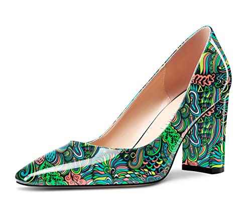 NobleOnly Damen Hoher High Chunky Blockabsatz Absatz Heel Eckige Geschlossene Zehenkappe Slip-on Pumps Klassisch Cute Dress Schuhe Grün Mehrfarbig 37 EU von NobleOnly