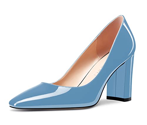 NobleOnly Damen Hoher High Chunky Blockabsatz Absatz Heel Eckige Geschlossene Zehenkappe Slip-on Pumps Klassisch Cute Dress Schuhe Hellblau Lackleder 42 EU von NobleOnly