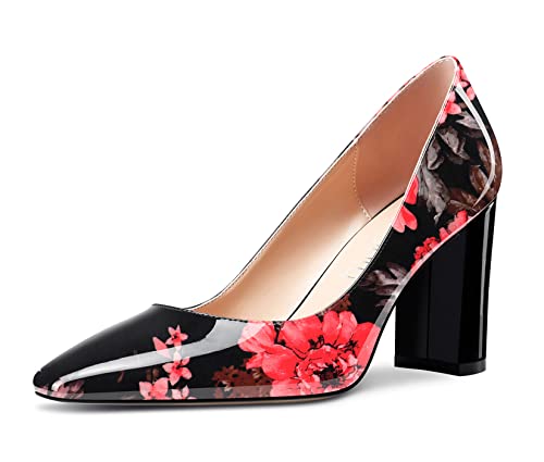 NobleOnly Damen Hoher High Chunky Blockabsatz Absatz Heel Eckige Geschlossene Zehenkappe Slip-on Pumps Klassisch Cute Dress Schuhe Mehrfarbig 39 EU von NobleOnly