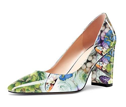 NobleOnly Damen Hoher High Chunky Blockabsatz Absatz Heel Eckige Geschlossene Zehenkappe Slip-on Pumps Klassisch Cute Dress Schuhe Mehrfarbig A 41 EU von NobleOnly