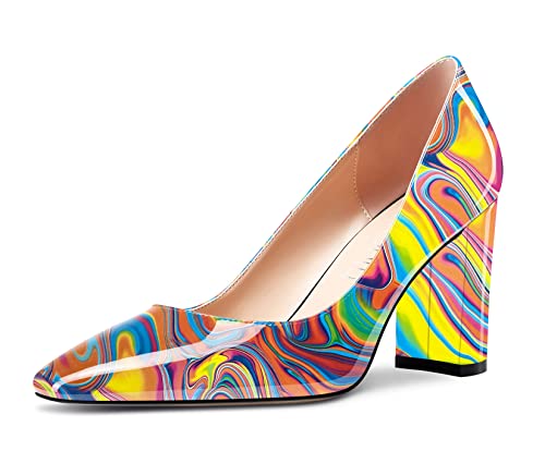 NobleOnly Damen Hoher High Chunky Blockabsatz Absatz Heel Eckige Geschlossene Zehenkappe Slip-on Pumps Klassisch Cute Dress Schuhe Mehrfarbig Lackleder 41 EU von NobleOnly