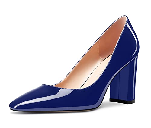 NobleOnly Damen Hoher High Chunky Blockabsatz Absatz Heel Eckige Geschlossene Zehenkappe Slip-on Pumps Klassisch Cute Dress Schuhe Navy Blau Lackleder 39 EU von NobleOnly