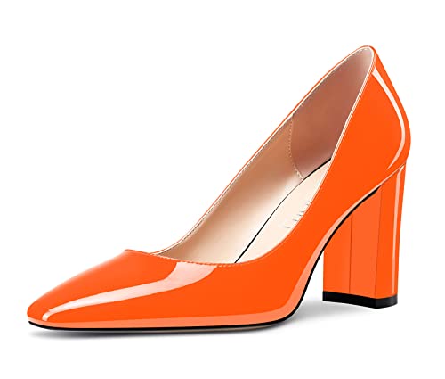 NobleOnly Damen Hoher High Chunky Blockabsatz Absatz Heel Eckige Geschlossene Zehenkappe Slip-on Pumps Klassisch Cute Dress Schuhe Orange Lackleder 38 EU von NobleOnly