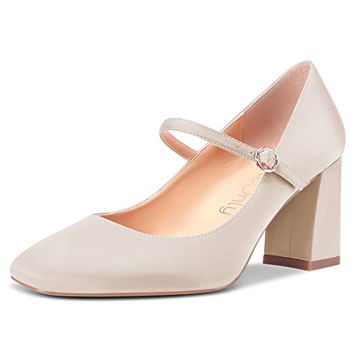 NobleOnly Damen Hoher High Chunky Blockabsatz Absatz Heel Eckige Zehenkappe Sandalen Mary Jane Schnalle Pumps Hochzeit Büroschuhe Cute Schuhe Beige 37 EU von NobleOnly