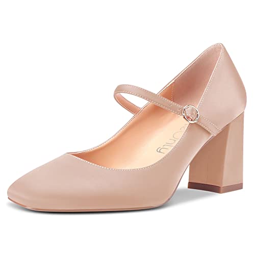 NobleOnly Damen Hoher High Chunky Blockabsatz Absatz Heel Eckige Zehenkappe Sandalen Mary Jane Schnalle Pumps Hochzeit Büroschuhe Cute Schuhe Beige A 37 EU von NobleOnly