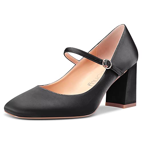 NobleOnly Damen Hoher High Chunky Blockabsatz Absatz Heel Eckige Zehenkappe Sandalen Mary Jane Schnalle Pumps Hochzeit Büroschuhe Cute Schuhe Schwarz 39 EU von NobleOnly