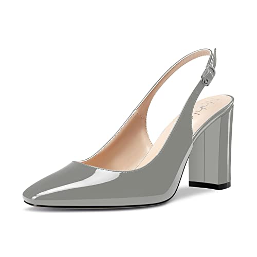NobleOnly Damen Hoher High Chunky Blockabsatz Absatz Heel Geschlossene Eckige Zehenkappe Slingback Pumps Slip-on Cute Dress Büroschuhe Schuhe 8.5 cm Heels Grau 42 EU von NobleOnly