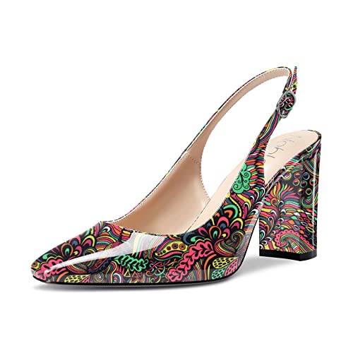 NobleOnly Damen Hoher High Chunky Blockabsatz Absatz Heel Geschlossene Eckige Zehenkappe Slingback Pumps Slip-on Cute Dress Büroschuhe Schuhe 8.5 cm Heels Mehrfarbig Lackleder 37 EU von NobleOnly