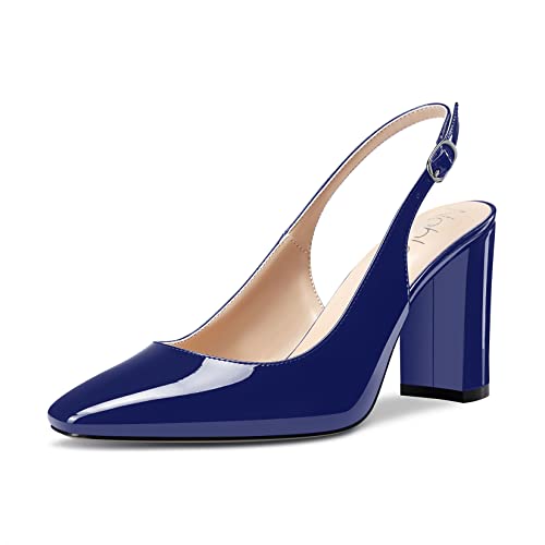 NobleOnly Damen Hoher High Chunky Blockabsatz Absatz Heel Geschlossene Eckige Zehenkappe Slingback Pumps Slip-on Cute Dress Büroschuhe Schuhe 8.5 cm Heels Navy Blau 40 EU von NobleOnly