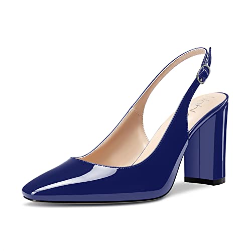 NobleOnly Damen Hoher High Chunky Blockabsatz Absatz Heel Geschlossene Eckige Zehenkappe Slingback Pumps Slip-on Cute Dress Büroschuhe Schuhe 8.5 cm Heels Navy Blau 41 EU von NobleOnly