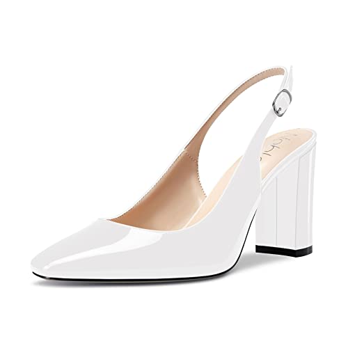 NobleOnly Damen Hoher High Chunky Blockabsatz Absatz Heel Geschlossene Eckige Zehenkappe Slingback Pumps Slip-on Cute Dress Büroschuhe Schuhe 8.5 cm Heels Weiß 43 EU von NobleOnly