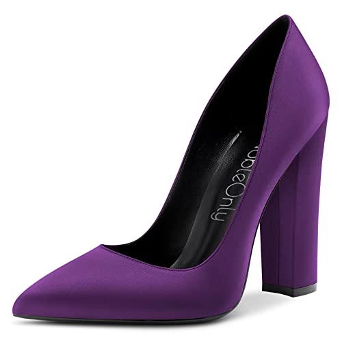 NobleOnly Damen Hoher High Chunky Blockabsatz Absatz Heel Spitze Zehenkappe Slip-on Pumps Dress Sexy Hochzeit 12 cm Heels Violett Satin 35 EU von NobleOnly