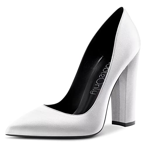 NobleOnly Damen Hoher High Chunky Blockabsatz Absatz Heel Spitze Zehenkappe Slip-on Pumps Dress Sexy Hochzeit 12 cm Heels Weiß Satin 37 EU von NobleOnly