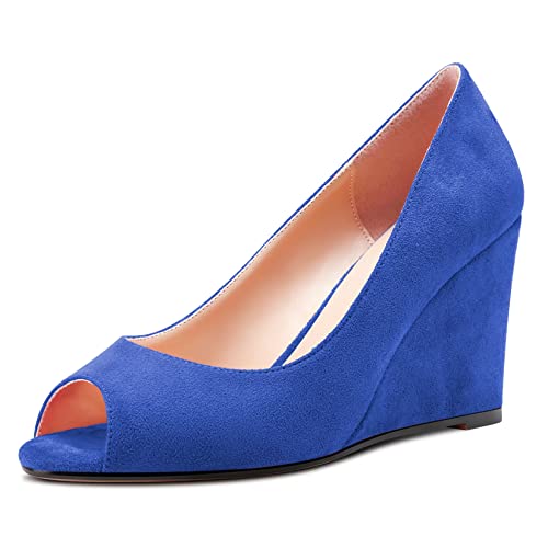 NobleOnly Damen Hoher High Keilabsatz Absatz Heel Peep Open Zehenkappe Sandalen Slip-on Hochzeit Büroschuhe Dress 8 CM Heels Blau A 36 EU von NobleOnly
