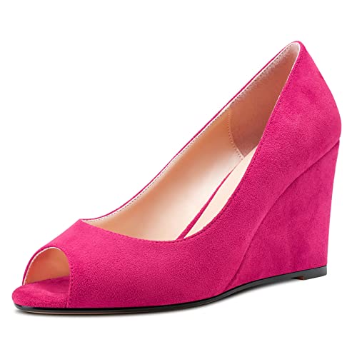 NobleOnly Damen Hoher High Keilabsatz Absatz Heel Peep Open Zehenkappe Sandalen Slip-on Hochzeit Büroschuhe Dress 8 CM Heels Magenta Rot 36 EU von NobleOnly