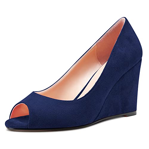 NobleOnly Damen Hoher High Keilabsatz Absatz Heel Peep Open Zehenkappe Sandalen Slip-on Hochzeit Büroschuhe Dress 8 CM Heels Navy Blau 39 EU von NobleOnly