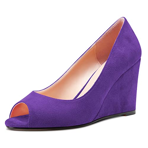 NobleOnly Damen Hoher High Keilabsatz Absatz Heel Peep Open Zehenkappe Sandalen Slip-on Hochzeit Büroschuhe Dress 8 CM Heels Violett 45 EU von NobleOnly