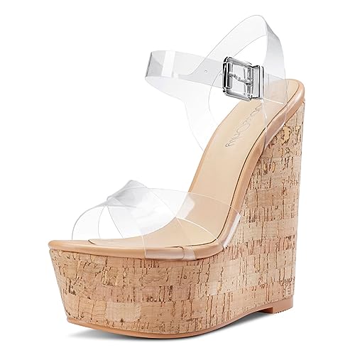 NobleOnly Damen Hoher High Keilabsatz Plateau Plattform Absatz Heel Peep Open Zehenkappe Knöchelriemen Slingback Sandalen Schnalle Dress Schuhe 16 CM Heels Transparent 39 EU von NobleOnly