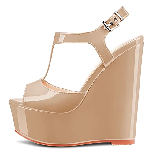 NobleOnly Damen Hoher High Keilabsatz Plateau Plattform Absatz Peep Open Zehenkappe Knöchelriemen T-strap Slingback Schnalle Sandalen Hochzeit Dress 15 CM Heels Schuhe Beige Lackleder 36 EU von NobleOnly