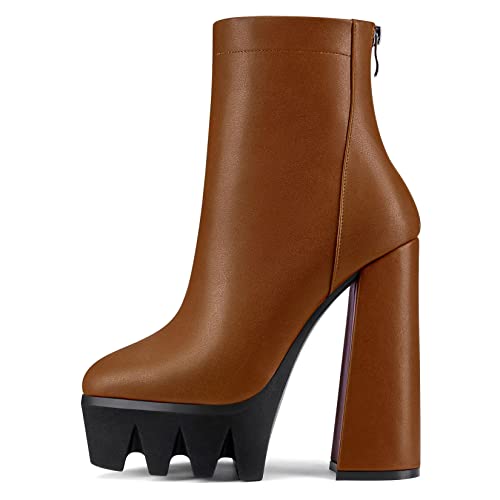 NobleOnly Damen Hoher High Plateau Plattform Absatz Heel Chunky Blockabsatz Spitze Zehenkappe Stiefeletten Reißverschluss Klassisch Dress Stiefel Braun 40 EU von NobleOnly