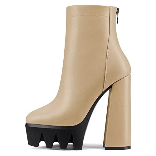 NobleOnly Damen Hoher High Plateau Plattform Absatz Heel Chunky Blockabsatz Spitze Zehenkappe Stiefeletten Reißverschluss Klassisch Dress Stiefel Gold 38 EU von NobleOnly