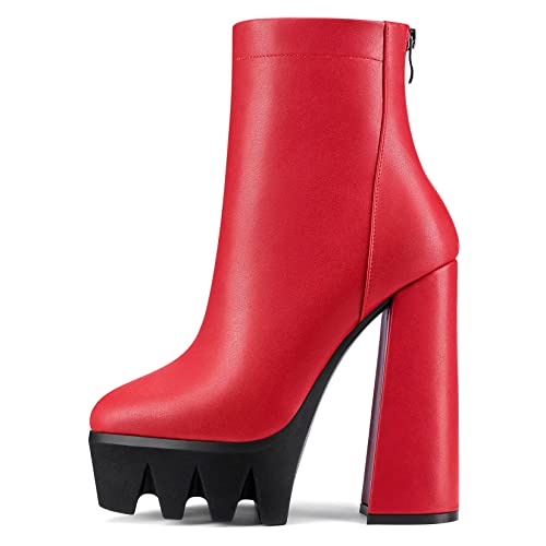 NobleOnly Damen Hoher High Plateau Plattform Absatz Heel Chunky Blockabsatz Spitze Zehenkappe Stiefeletten Reißverschluss Klassisch Dress Stiefel Rot 40 EU von NobleOnly