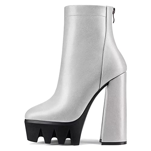NobleOnly Damen Hoher High Plateau Plattform Absatz Heel Chunky Blockabsatz Spitze Zehenkappe Stiefeletten Reißverschluss Klassisch Dress Stiefel Silber 40 EU von NobleOnly