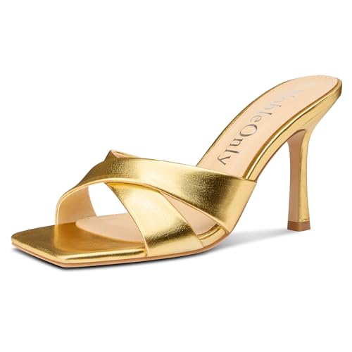 NobleOnly Damen Hoher High Stiletto Absatz Heel Open Eckige Zehenkappe Sandalen Kreuzriemen Slip-on Pantoletten Schuhe Dress Sandalen 9 CM Heels Gold 35 EU von NobleOnly