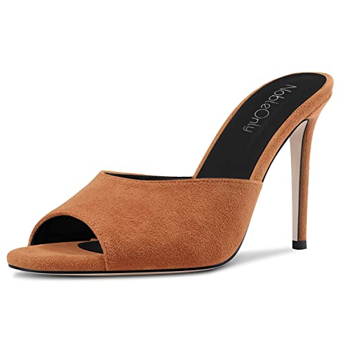 NobleOnly Damen Hoher High Stiletto Absatz Heel Peep Open Zehenkappe Slip-on Sandalen Lässig Büroschuhe Clear Klassisch Schuhe 10 CM Heels Braun 38 EU von NobleOnly
