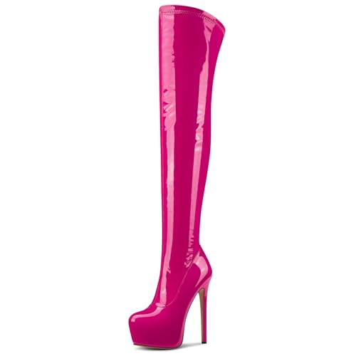 NobleOnly Damen Hoher High Stiletto Absatz Heel Runde Zehenkappe Plateau Plattform Überknie Stiefel Reißverschluss Abschlussball Party Stiefel 15 CM Heels Magenta 38 EU von NobleOnly