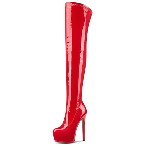 NobleOnly Damen Hoher High Stiletto Absatz Heel Runde Zehenkappe Plateau Plattform Überknie Stiefel Reißverschluss Abschlussball Party Stiefel 15 CM Heels Rot 40 EU von NobleOnly