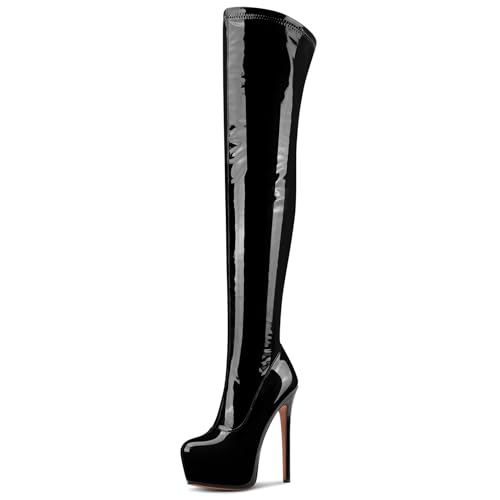 NobleOnly Damen Hoher High Stiletto Absatz Heel Runde Zehenkappe Plateau Plattform Überknie Stiefel Reißverschluss Abschlussball Party Stiefel 15 CM Heels Schwarz 41 EU von NobleOnly
