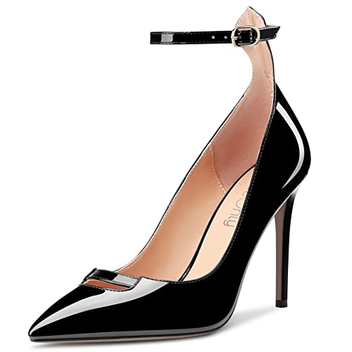 NobleOnly Damen Hoher High Stiletto Absatz Heel Spitze Zehenkappe Knöchelriemen Schnalle Pumps Abschlussball Lässig Clear Dress Schuhe 10 cm Heels Schwarz 38 EU von NobleOnly