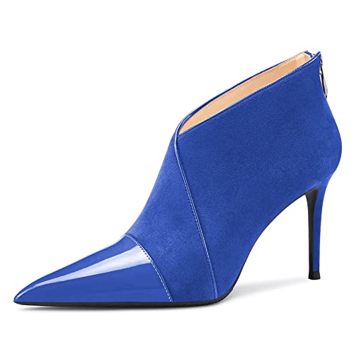 NobleOnly Damen Hoher High Stiletto Absatz Heel Spitze Zehenkappe Stiefeletten Slip-on Reißverschluss Büroschuhe Dress Schuhe Blau A 37 EU von NobleOnly