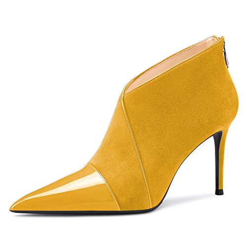 NobleOnly Damen Hoher High Stiletto Absatz Heel Spitze Zehenkappe Stiefeletten Slip-on Reißverschluss Büroschuhe Dress Schuhe Gelb 42 EU von NobleOnly