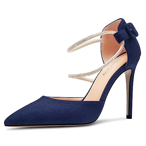 NobleOnly Damen Hoher High Stiletto Absatz Heel Spitze Zehenkappe Two-Piece Diamant Kristall Pumps Abschlussball Glitzer Dress Schuhe 10 cm Heels Marineblau 35 EU von NobleOnly