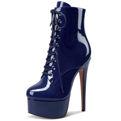 NobleOnly Damen Hoher High Stiletto Plateau Plattform Absatz Heel Runde Zehenkappe Reißverschluss Schnüren Schnürung Abschlussball Stiefeletten 15 CM Heels Marineblau 45 EU von NobleOnly